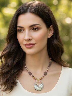 Brown Beaded Necklace with Floral Mother-of-Pearl Pendant